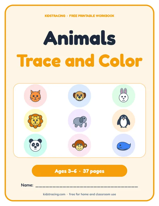 Cover of the Animals Tracing and Coloring Book, a free printable workbook for ages 3–6