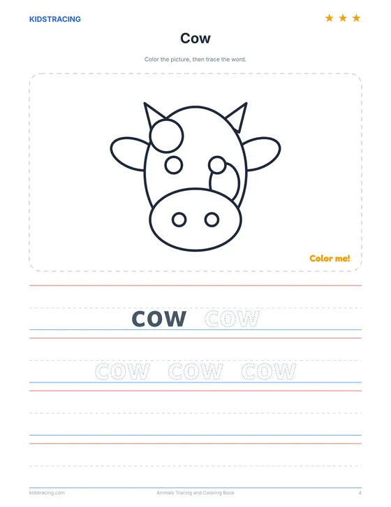 Cow page from the Animals Tracing and Coloring Book with an outline to color and the word cow to trace