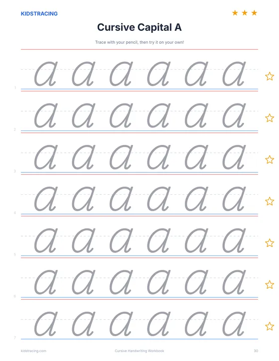 Cursive capital letter A page from the Cursive Handwriting Workbook