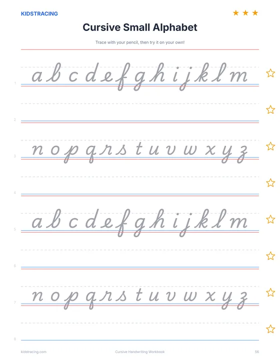 Cursive small alphabet review page from the Cursive Handwriting Workbook