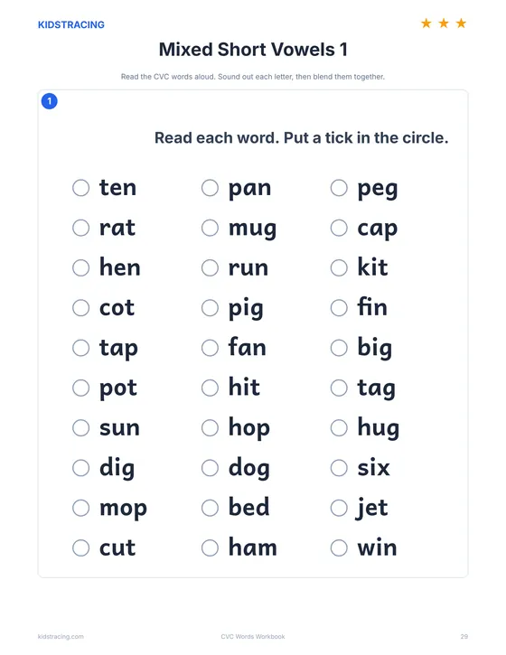 Mixed short vowels reading list page from the CVC Words Workbook