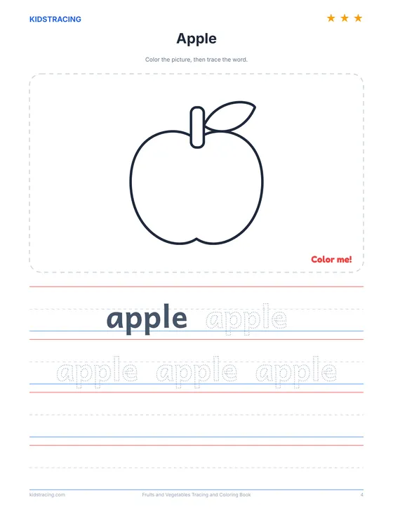 Apple page from the Fruits and Vegetables Tracing and Coloring Book with an outline to color and the word apple to trace