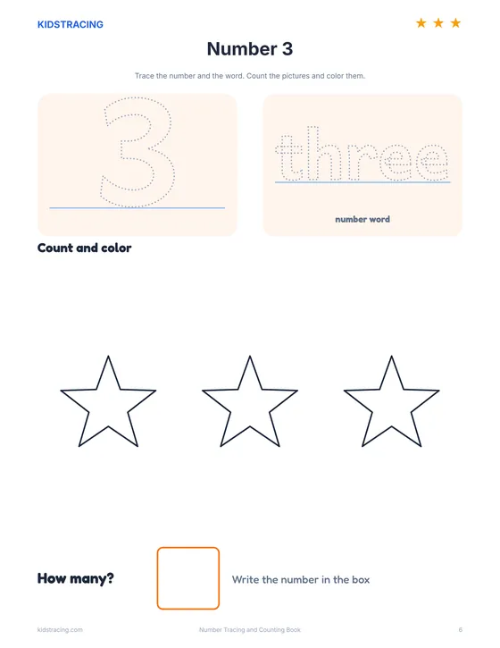 Number 3 page from the Number Tracing Book with three stars to count and color