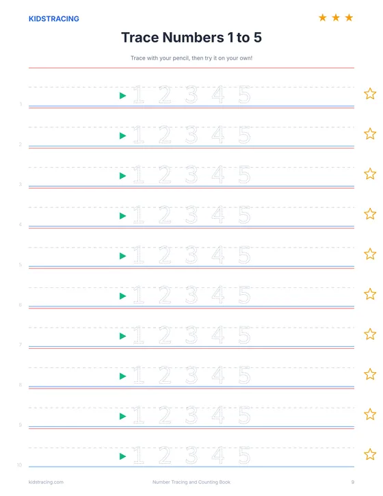 Trace Numbers 1 to 5 page from the Number Tracing Book