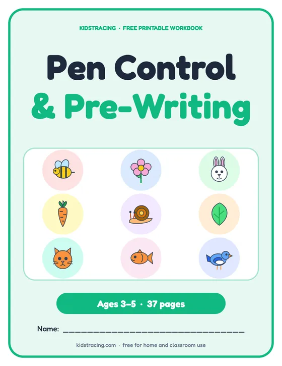 Cover of the Pen Control and Pre-Writing Book, a free printable workbook for ages 3–5