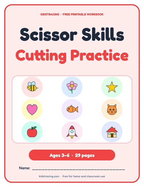 Cover of the Scissor Skills Cutting Practice Book, a free printable workbook for ages 3–6