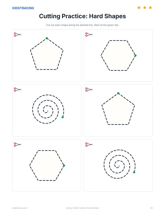 Hard shapes cutting page from the Scissor Skills Cutting Practice Book with a hexagon, a pentagon and a spiral