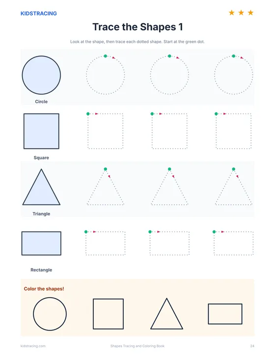 Shape tracing practice page from the Shapes Tracing and Coloring Book
