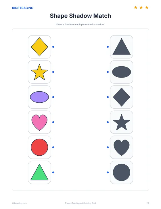 Shape shadow matching page from the Shapes Tracing and Coloring Book