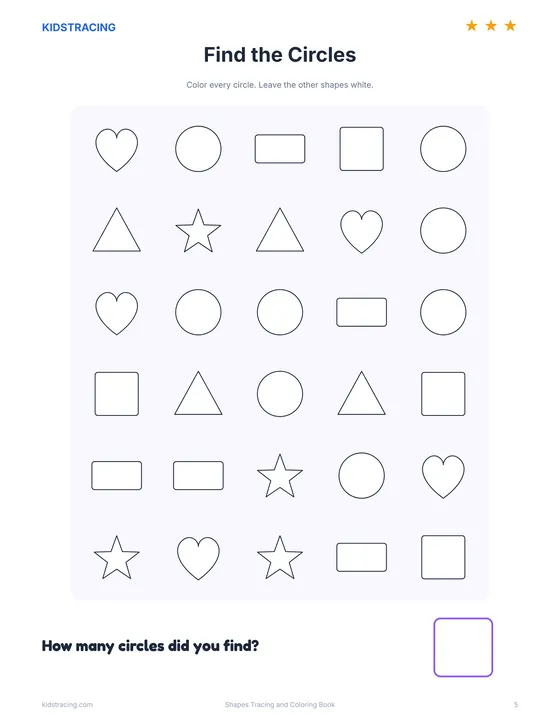 Find the circles shape hunt page from the Shapes Tracing and Coloring Book
